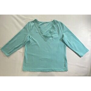 Jones New York Sport XL Aqua Blue Lace Trim 3/4 Sleeve Stretch Tunic Top *READ